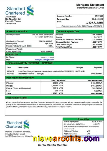 Malaysia Standard Chartered Malaysia mortgage statement Word and PDF template